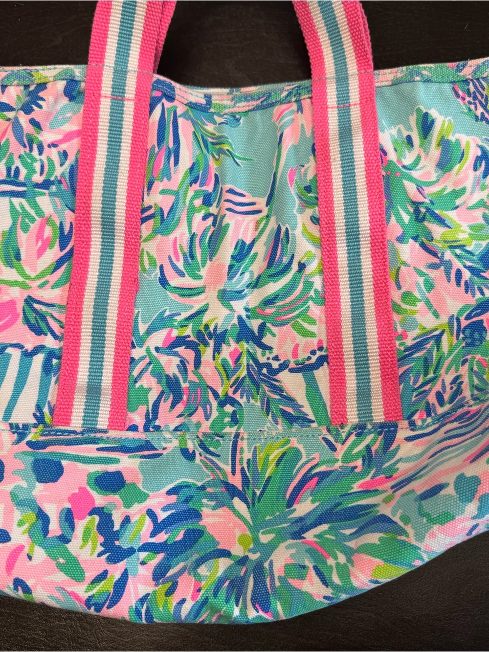 Lilly Pulitzer Tropical Print Tote Bag with Pink Striped Handles